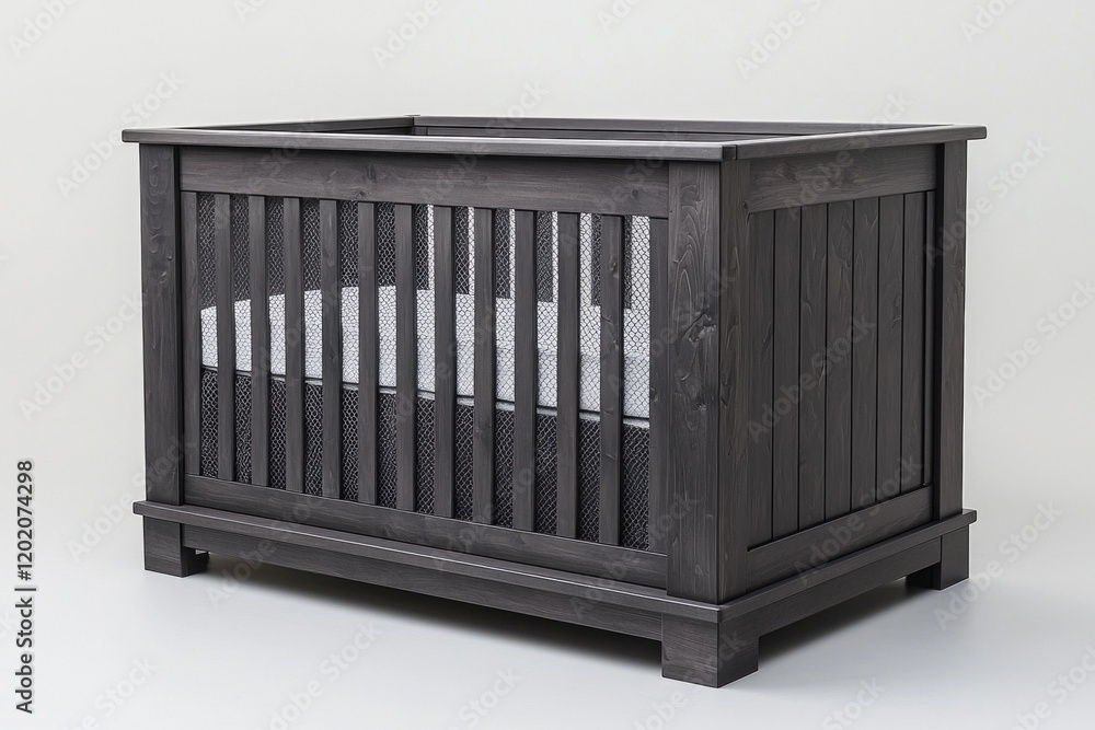 Poster modern crib showcases minimalist design matte gray finish and breathable mesh panels. it is set agai