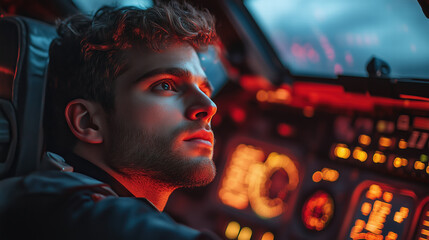 Focused young male pilot in cockpit with illuminated instruments and controls, capturing the essence of aviation and flight preparation