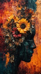 Fototapeta premium Abstract impasto painting of a woman's profile adorned with sunflowers and dark flowers in autumnal tones.