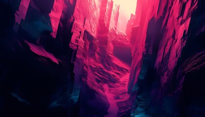 A stunning abstract landscape featuring jagged rock formations illuminated by vibrant pink and blue hues, creating a mesmerizing interplay of light and shadow.