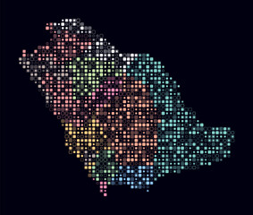 Fototapeta premium Saudi Arabia, shape of the country built of colored cells. Digital style map of Saudi Arabia on dark background. Small size rounded square blocks. Vibrant vector illustration.