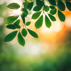 Fototapeta premium abstract background, green orange, sunrise through leaves, blurry, soft focus