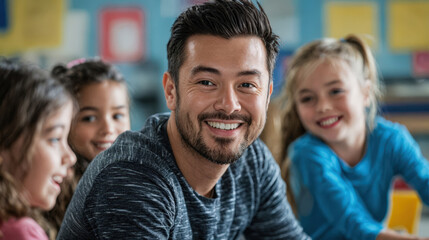 Obraz premium A smiling male teacher poses with his young students in a classroom.