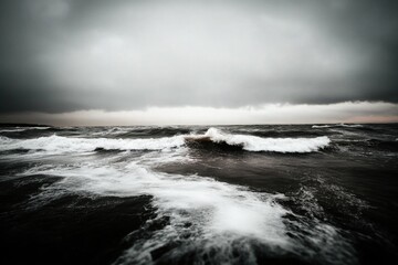 Stormy ocean waves under dark cloudy sky at twilight