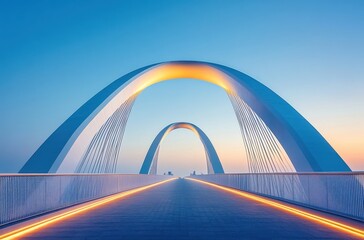 Obraz premium Stunning Modern Bridge with Arched Design Illuminated at Dusk, Showcasing a Serene Walkway Leading to a Beautiful Skyline in the Background
