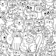 Cute cats in love black and white seamless pattern. Valentine's Day and Love feline characters for coloring book. Outline background. Vector illustration