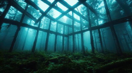 A hauntingly beautiful scene of a foggy forest featuring the skeletal remains of an abandoned structure, creating an atmosphere of mystery and introspection in nature.