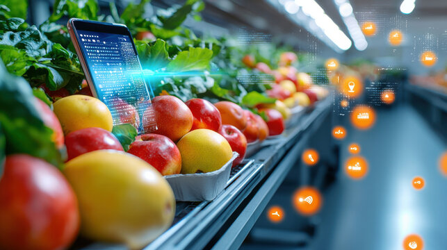 smart device scanning fresh produce in grocery store, surrounded by vibrant fruits. scene captures technology and agriculture in harmony, showcasing innovation in food shopping - Powered by Adobe