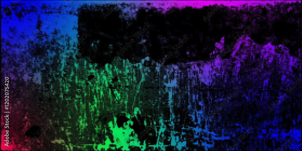 Poster the halftone monochrome background features neon gradients with prominent grunge textures and scratc
