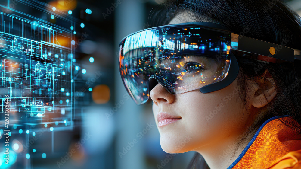 Leinwandbilder high resolution close up of woman wearing augmented reality glasses, engaged in technology. backgrou
