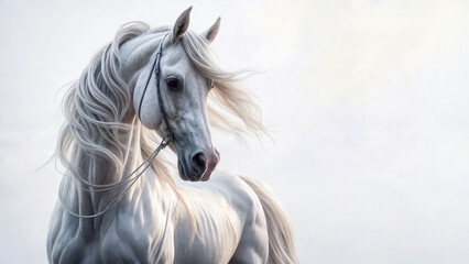 a beautiful image of a majestic white horse with a flowing mane and tail, standing in a serene field under a cloudy sky
