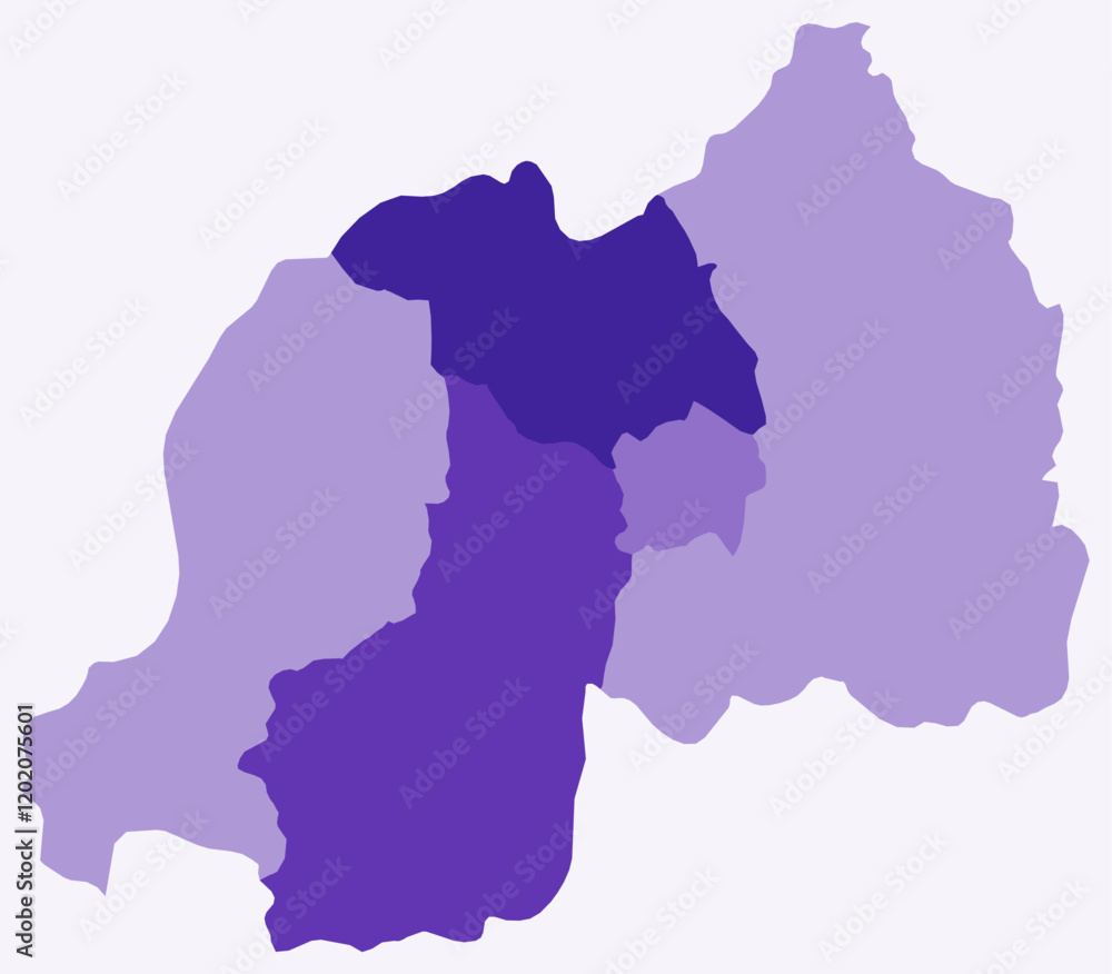 Poster map of rwanda with regions. just a simple country border map with region division. deep purple color