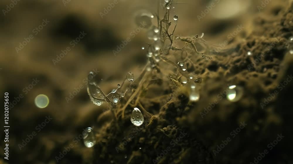 Poster macro camera movement video explores an intricate network of fungal hyphae within the soil, with amb