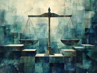 Abstract painting of scales of justice. Symbolizes balance fairness and law. Ideal for legal offices courtrooms or any space seeking to evoke justice equality and ethical principles.