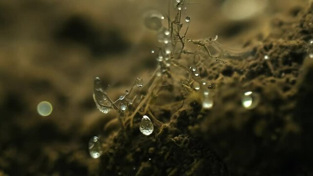 Macro camera movement video explores an intricate network of fungal hyphae within the soil, with ambient light