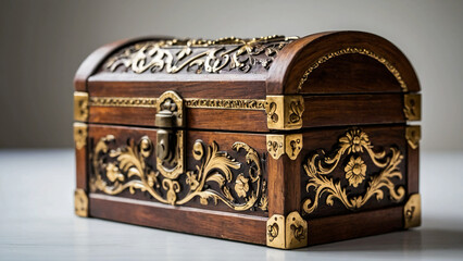 An antique wooden treasure box set against a white background