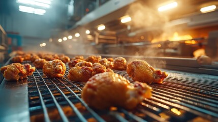 Fried chicken pieces sizzling on a grill in a professional kitchen, filled with steam and tantalizing aromas that bring forth the essence of culinary artistry and indulgence.