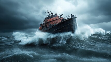 A striking image of a boat battling through fierce waves and stormy skies, capturing nature's power and the struggle for survival in tumultuous seas.
