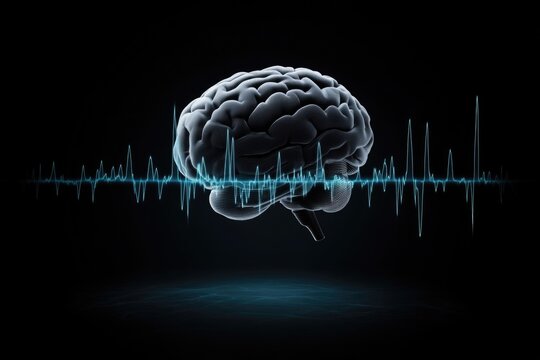 Human brain with ekg wave on dark background