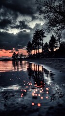 Obraz premium Tranquil sunset over reflective lakeside with dramatic trees and twinkling lights