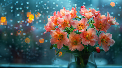 Beautiful bouquet of colorful tulips in a vase with pink, red, and yellow blooms
