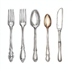 Hyperrealistic Watercolor Antique Cutlery on White Background for Kitchen Decor or Still Life