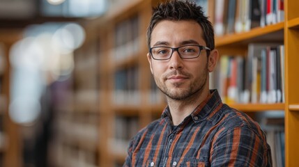 Fototapeta premium Portrait of a young man wearing glasses in a library.