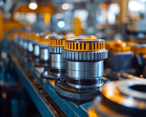 Industrial machinery with gears and components in factory