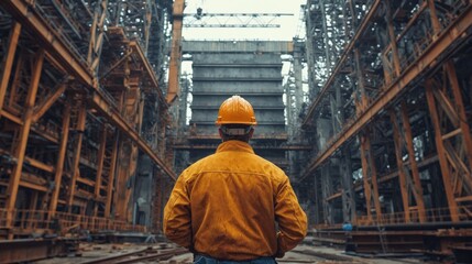 A construction worker in a yellow jacket and helmet stands with his back to the camera, observing a large industrial site.
