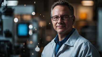 Portrait of a middle-aged male engineer in a factory setting.