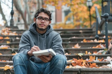 Fototapeta premium Pensive College Student: A thoughtful man, in a hoodie and jeans, sitting on library steps with a notebook in hand and autumn leaves around. AI generative