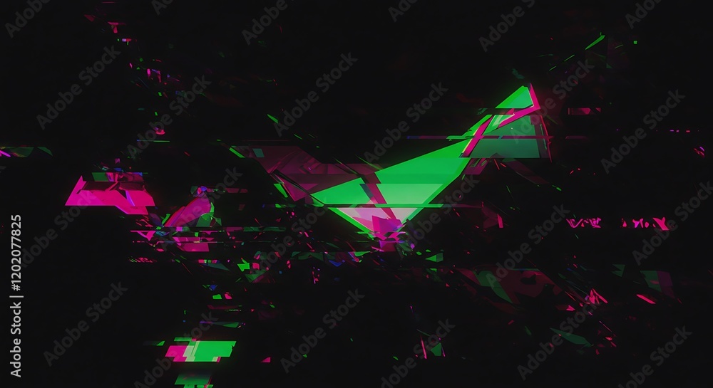 Poster digital glitch or a distorted video signal, with sharp angles and jagged lines. abstract composition