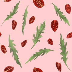 Vegetable seamless pattern on pink background. Healthy food, healthy diet, vitamins. Cartoon style. 