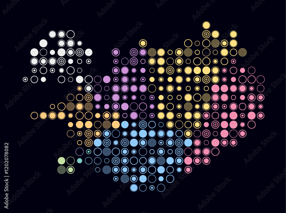 Poster iceland, shape of the country built of colored cells. digital style map of iceland on dark backgroun