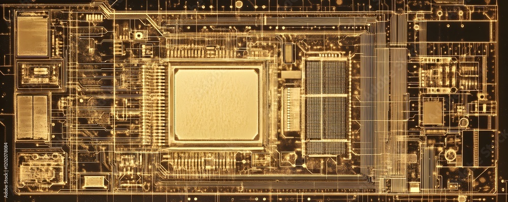 Poster an intricate close-up of a computer circuit board, showcasing the complex design and metallic compon
