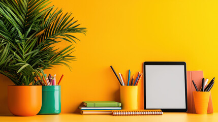 vibrant hybrid workspace featuring colorful stationery, tablet, and decorative plants against bright yellow background, creating energetic and inspiring atmosphere