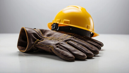 Old leather gloves and a yellow hardhat are isolated on a white background.