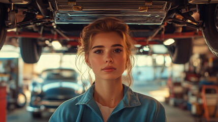 Obraz premium Portrait of a Young Woman in a Garage Under a Car with Classic Cars in the Background