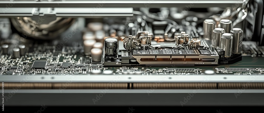 Poster close-up view of a modern computer circuit board, showcasing intricate details of components and con