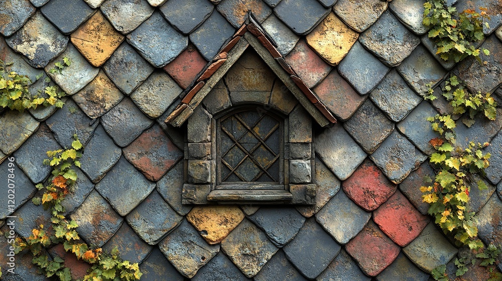 Poster tiny attic window in colorful slate roof with climbing vines