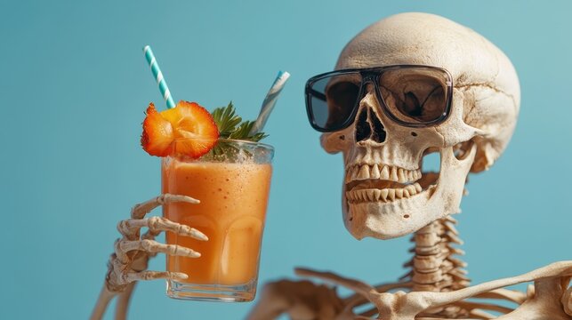 A humorous skeleton wearing sunglasses holds a tropical drink adorned with a slice of pineapple, representing fun, relaxation, and the joys of summer on a vibrant background.