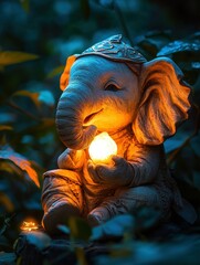 Illuminated Ganesha statue in garden at night.