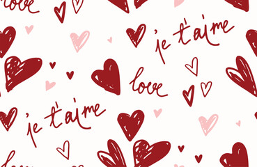 Romantic vector seamless hand drawn pattern, textile fabric print, background, wrapping paper design. Elegant, modern, simple and cute red, pink ink hearts, love lettering, Valentine's Day calligraphy