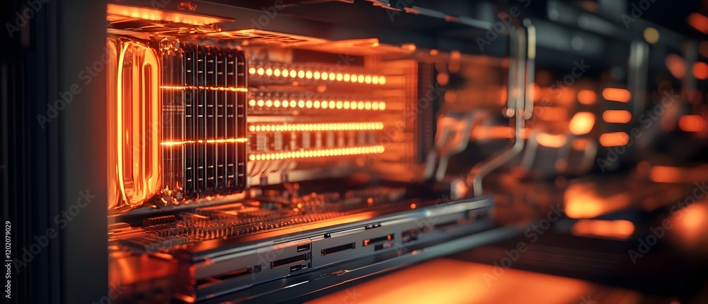 Poster detailed close-up of advanced computer hardware with glowing orange lights, showcasing intricate cir