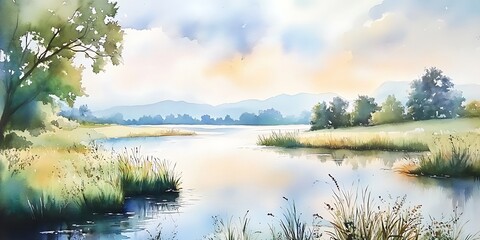 Fototapeta premium watercolour forest, - nature painting of the river landscape tree art design , a picturesque natural environment in soft harmonious colours 