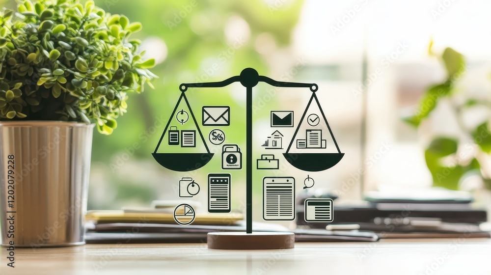 Poster a balanced scale with icons representing legal concepts, digital communication, and data protection,