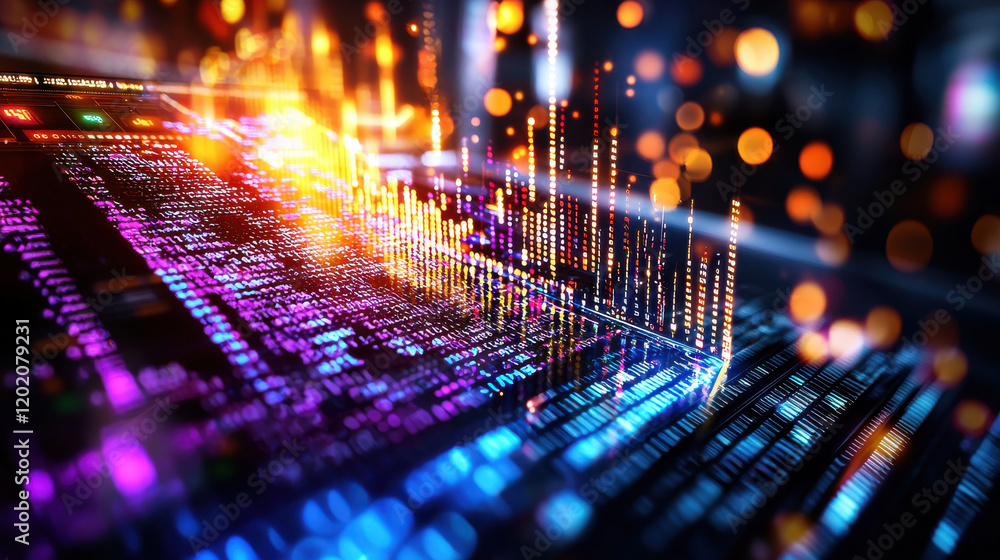 Poster Digital data visualization with vibrant colors and glowing lines