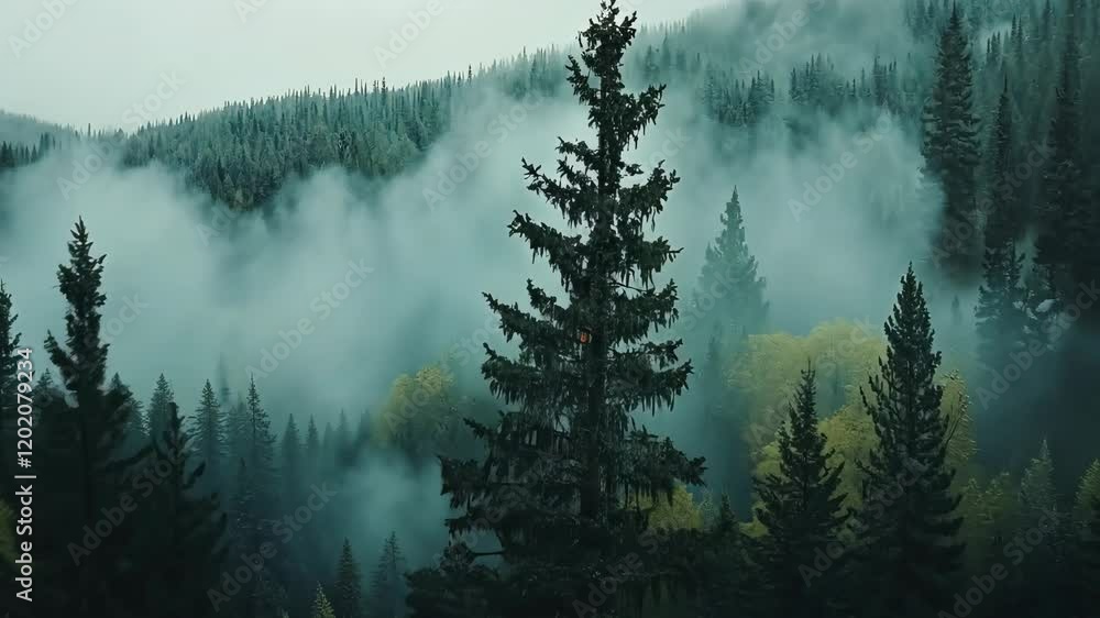 Poster lush green forest shrouded in mist with towering trees in a tranquil mountainous setting