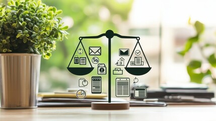 A balanced scale with icons representing legal concepts, digital communication, and data protection, set against a backdrop of a desk with greenery.