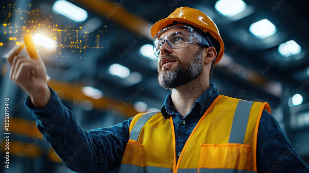 Leinwandbilder focused engineer in safety vest and helmet interacts with augmented reality technology, showcasing innovation in industrial setting